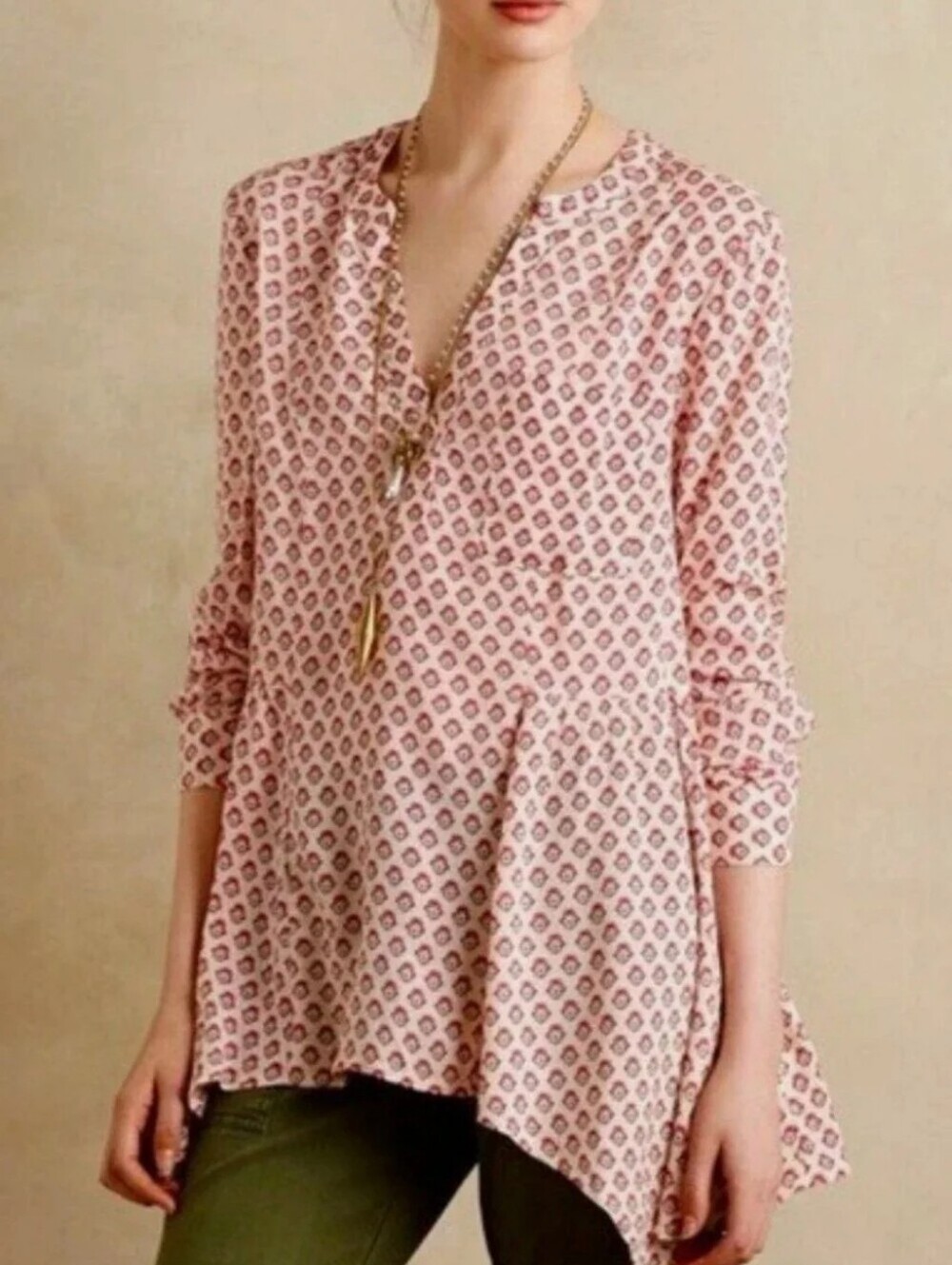 Anthropologie Maeve Laiken Henley Motif Tunic Top in Cream/Pink Print Size 0